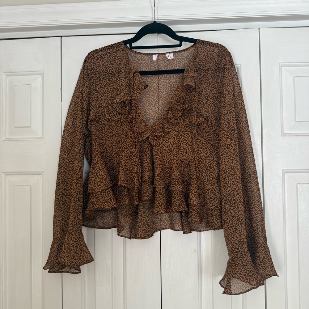 BuddyLove Women’s Veronica KittyCat Top Sheer Cheetah Leopard Print Blouse SizeM